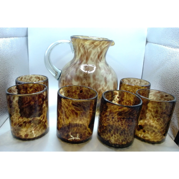 Blown Glass Tortoise Shell Leopard Mexico Rose Ann Hall Designs 6 Cups 1 Pitcher - Picture 1 of 4
